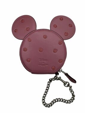 Coach x Disney Minnie Mouse Coin Case 37539B Pink Glitter Polka Dot Leather